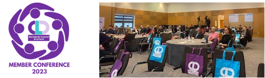 Combined image of the CLD Standards ouuncil Member Conference 2023 logo and a photo of a large conference room with people sat around circle tables in the background, and chairs, with blue and purple CLD Standards Council tote bags on them, in the foreground.