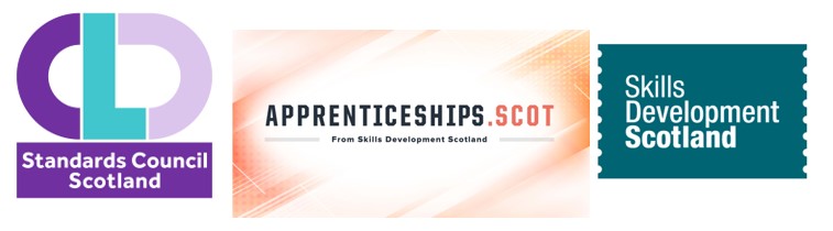 CLD Standards Council Scotland purple, blue and lilac logo. Apprenticeships.Scot From Skills Developement Scotland Logo. Skills Development Scotland Logo