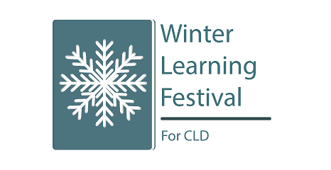 A white snowflake on a teal coloured background with the words Winter Learning Festival for CLD to the side.