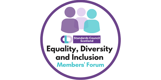 Purple circle with CLD Standards Council logo and the words Equality, Diversity and Inclusion Members' Forum